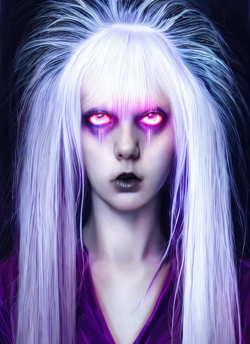 Image similar to hair whitebangs hair, black cyberlox, portrait of teenage girl with white bangs, whitebangsblackhair, messy bangs, cyberlox, whitebangs, red irises, purple clothes, intricate, elegant, glowing lights, highly detailed, digital painting, artstation, concept art, sharp focus, illustration, art by wlop, mars ravelo and greg rutkowski