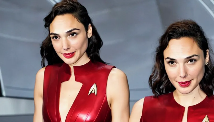 Image similar to Gal Gadot, wearing command red, is the captain of the starship Enterprise in the new Star Trek movie