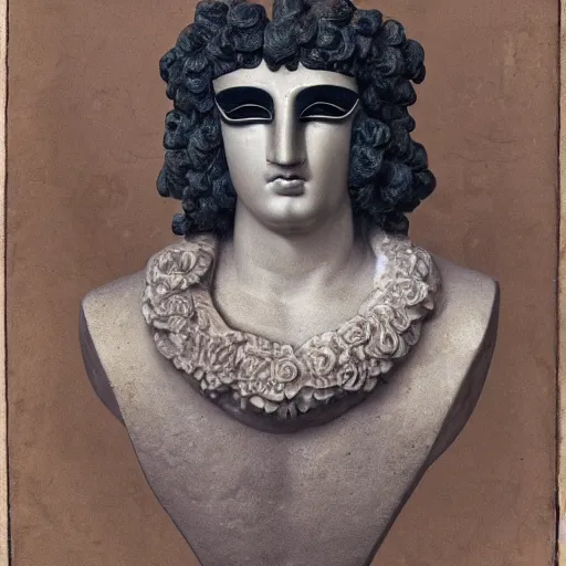 Image similar to antinous wearing venetian masquerade mask, symmetry, reflecting flower