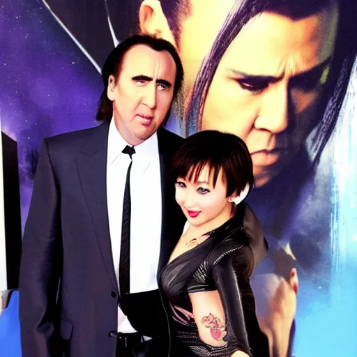 Prompt: nicolas cage standing with chun li, photo - realistic movie poster.