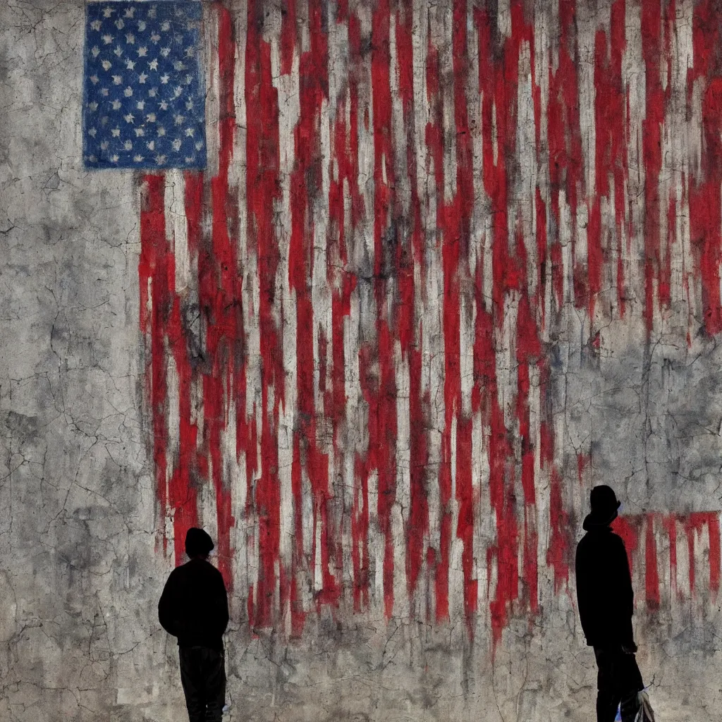 Prompt: one homeless person standing in front of and facing a giant american flag painted on an aged cement wall, photorealistic painting by sam spratt, flickr contest winner, american scene painting, dystopian art, american propaganda, associated press photo