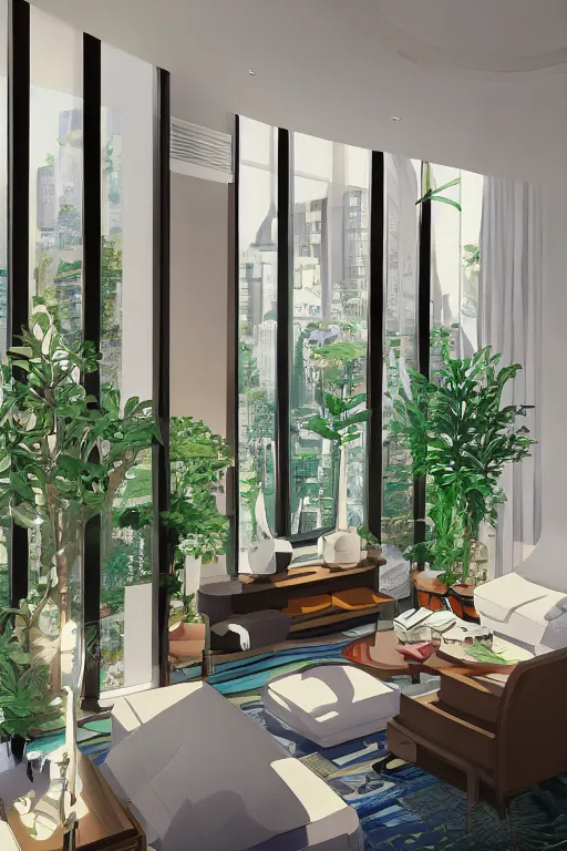 Image similar to isometric interior of luxury condominium with minimalist furniture and lush house plants | modern architecture by makoto shinkai, ilya kuvshinov, lois van baarle, rossdraws and frank lloyd wright