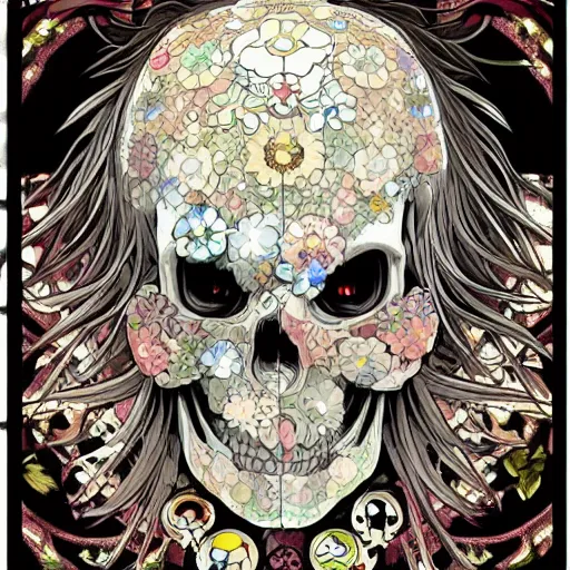 Prompt: anime manga skull portrait dragon head face skeleton illustration style by Alphonse Mucha and Takashi Murakami pop art nouveau
