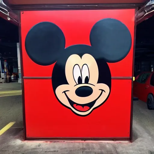 Prompt: huge mickey mouse head inside a red light garage getting repaired