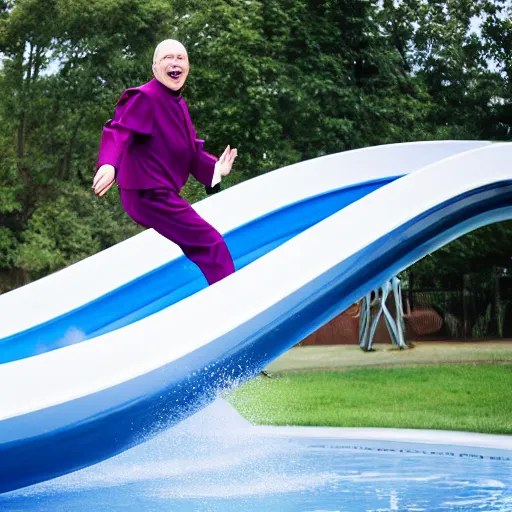 Image similar to a priest on a water slide, laughing, professional photography