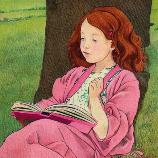 Image similar to beautiful little girl with long curly red hair dressed in a pink kimono and sitting next to a tree while reading a book, artwork made in western comic art style, inspired in balthus, anatomically correct, higher details, realistic