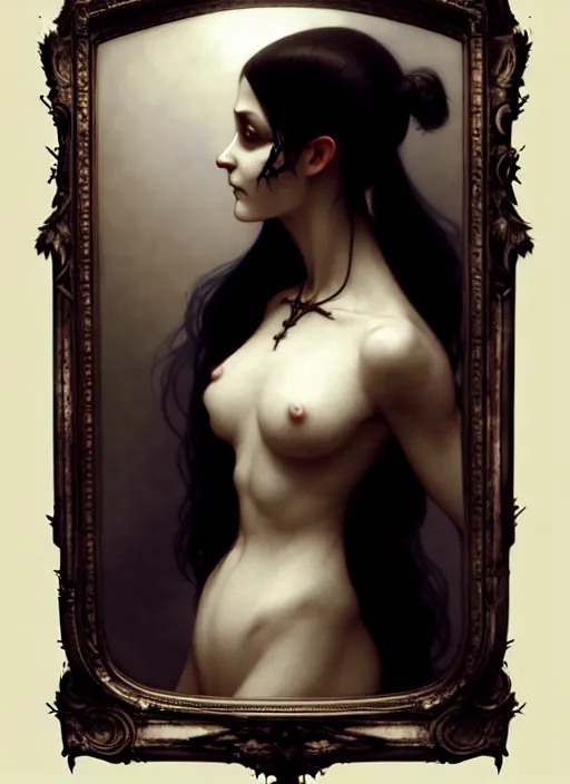 Image similar to character concept portrait of a gothic girl looking in a mirror with a skull reflection, victorian, intricate, elegant, digital painting, concept art, smooth, sharp focus, illustration, by Ruan Jia and Mandy Jurgens and William-Adolphe Bouguereau, Artgerm