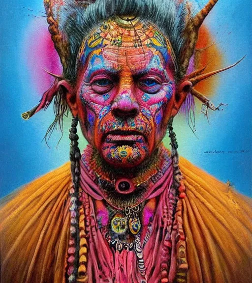 Prompt: Portrait painting in a style of Beksinski mixed with Alex Grey of an old shaman dressed in a colorful traditional clothes. Very psychodelic