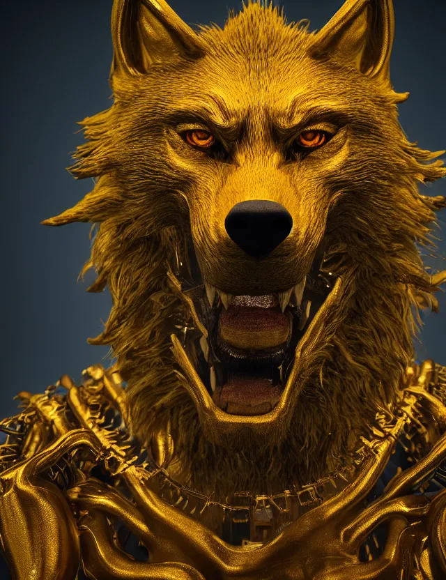 Prompt: portrait of a werewolf with delicate golden biomechanical components. studio photography, 3 d render, 4 k, rimlight, complementary colors.