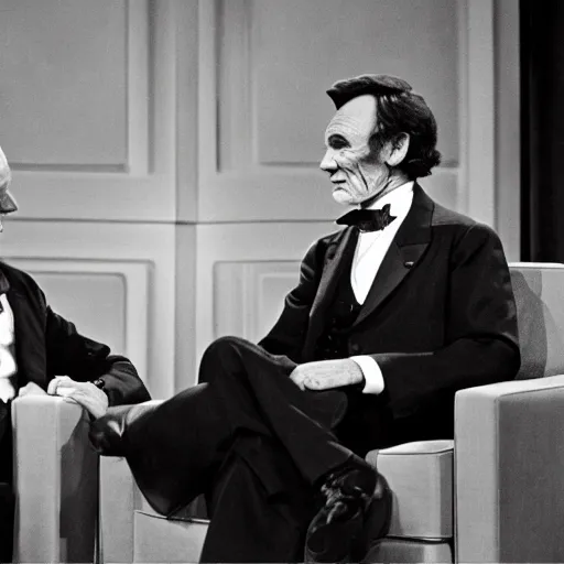 Prompt: black and white photo of Abraham Lincoln being interviewed on the Tonight Show with Johnny Carson, in the style of a Corbis archival photo, Nikon D810 | ISO 64 | focal length 20mm (Voigtländer 20mm f3.5) | Aperture f/9 | Exposure Time 1/40 Sec (DRI)