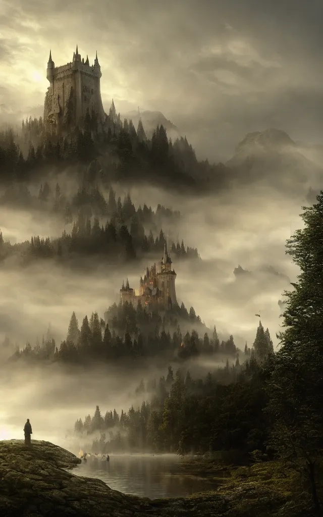 Image similar to the tower of a castle emerging from a lake, fog, fir trees, dramatic atmosphere, gloomy, orange light in the clouds, medieval adventurers in lord of the rings scenery landscape, reflections, highly detailed, cinematic lighting, perfect composition, 4 k, gustave dore, derek zabrocki, greg rutkowski, belsinski, octane render