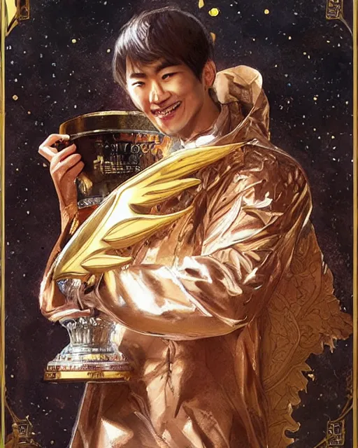 Image similar to a portrait of moon ho joon, held a trophy on his hand, happy face, highly detailed, art by artgerm and greg rutkowski and fra angelico and alphons mucha