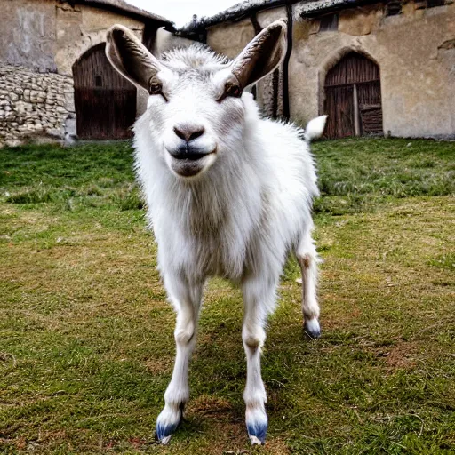 Prompt: hyperrealistic photo of a goat wolf hybrid beast in the square of a small medieval village
