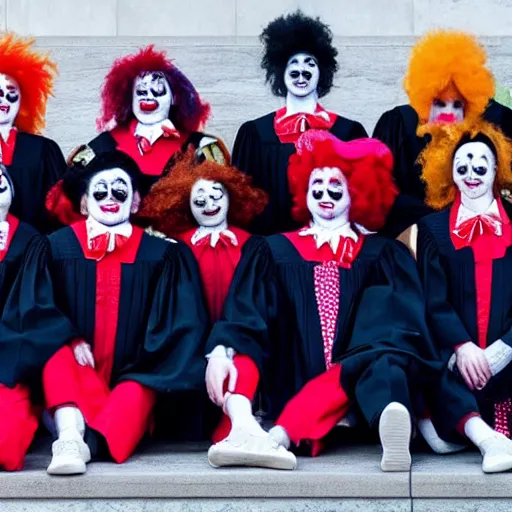 Image similar to Exactly 6 dressed as Clowns Exactly 3 in Justice Robes, sitting on the Supreme Court, 4K, Octane Render https://media.discordapp.net/attachments/1005627987435192381/1006954863948726304/supreme.jpg