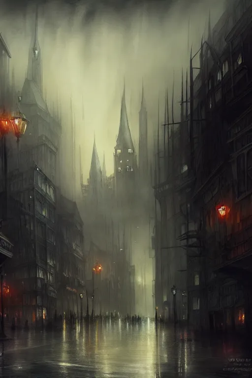 Prompt: fantasy city with slick streets highly detailed, digital painting, concept art, matte, sharp focus, watercolor illustration, art by j w turner, epic fantasy, moody, dark mood, digital watercolor painting