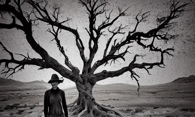 Image similar to medium shot of a nondescript crying ancient dried up Danu, peaceful, facing the camera and standing in front of a dried up river in a desolate land, dead trees, blue sky, hot and sunny, highly-detailed, elegant, dramatic lighting, artstation, 4k, cinematic landscape, photograph by Elisabeth Gadd