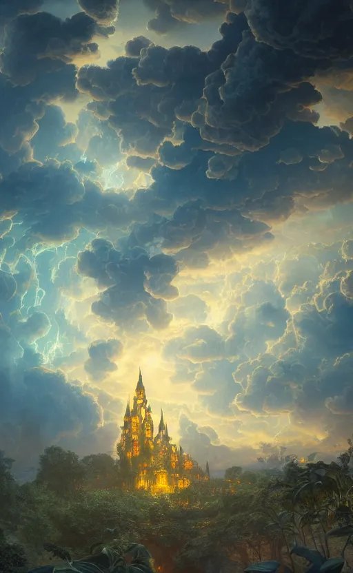 Prompt: detailed digital painting of a glass castle glowing on an enchanted island, complex cumulus clouds, by emmanuel shiu and tooth wu and dan mumford and alphonse mucha, dusk, romanesque architecture, long strongs of smoke, flowing magical energy, hyperdetailed, volumetric lighting, octane render, smooth, 8 k