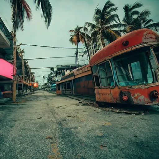 Prompt: low wide angle shot of dilapidated fallout 5 miami, tropical coastal city, desolate, dilapidated neon signs, few rusted retro futuristic vintage parked vehicles like cars, buses, trucks, trams, volumetric lighting, photorealistic, fog, daytime, autumn, overcast weather, sharp focus, ultra detailed, 4 0 0 0 k