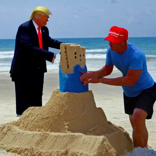 Image similar to Donald Trump at the beach making a sand castle with SpongeBob squarepants