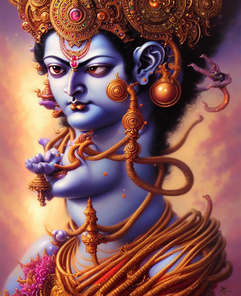 Image similar to beautiful hindu god romantic krishna fantasy character portrait, close - up, headshot, ultra realistic, intricate details, the fifth element artifacts, highly detailed by peter mohrbacher, hajime sorayama, wayne barlowe, boris vallejo, aaron horkey, gaston bussiere, craig mullins