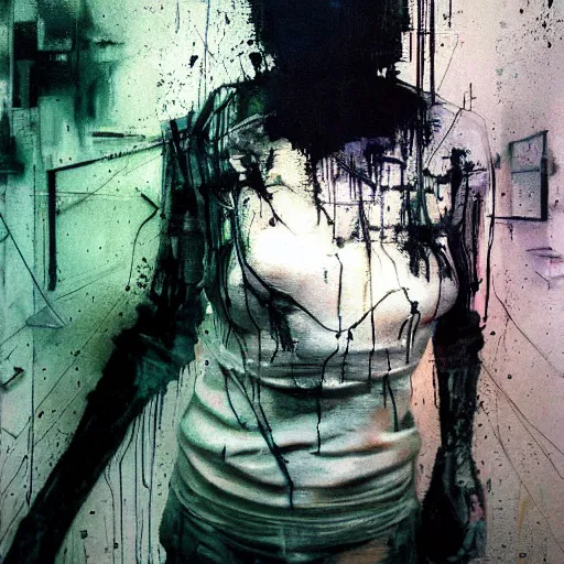 Image similar to a dark cyberpunk dream of wires broken skulls skin cybernetic machines and decay moody hyperrealism 8 k photo atmospheric by jeremy mann, francis bacon and agnes cecile, ink drips paint smears digital glitches glitchart