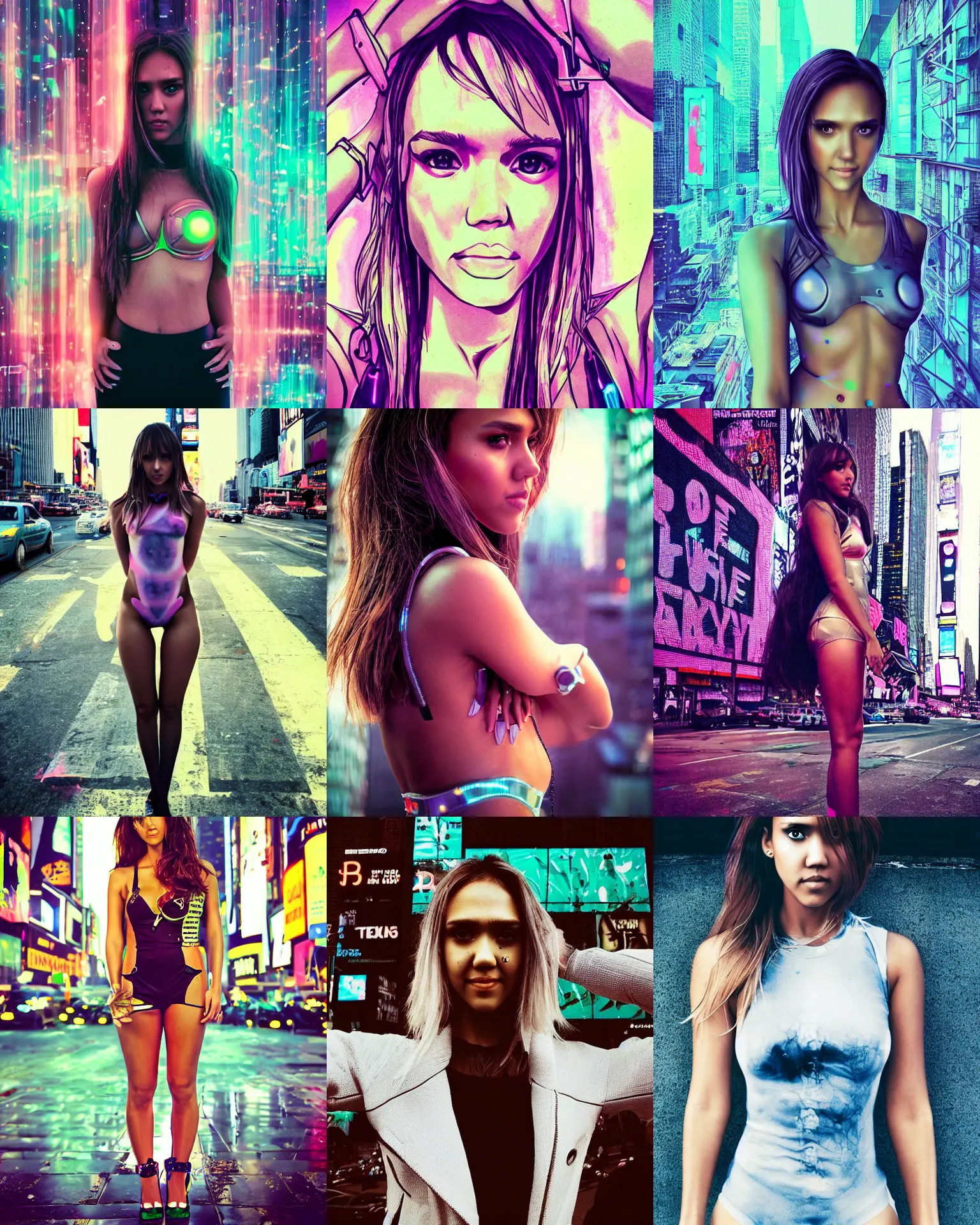 Prompt: ig body portrait of jessica alba cyborg young woman in an overgrown nyc times square, facing the camera, symmetrical, raver girl, pinterest, anime girl, cinematic, smooth, pastel color scheme,