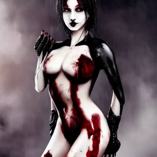 Image similar to a female vampire covered in blood with a perfect figure, perfect face and athletic body, dark fantasy, sharp focus, realistic.