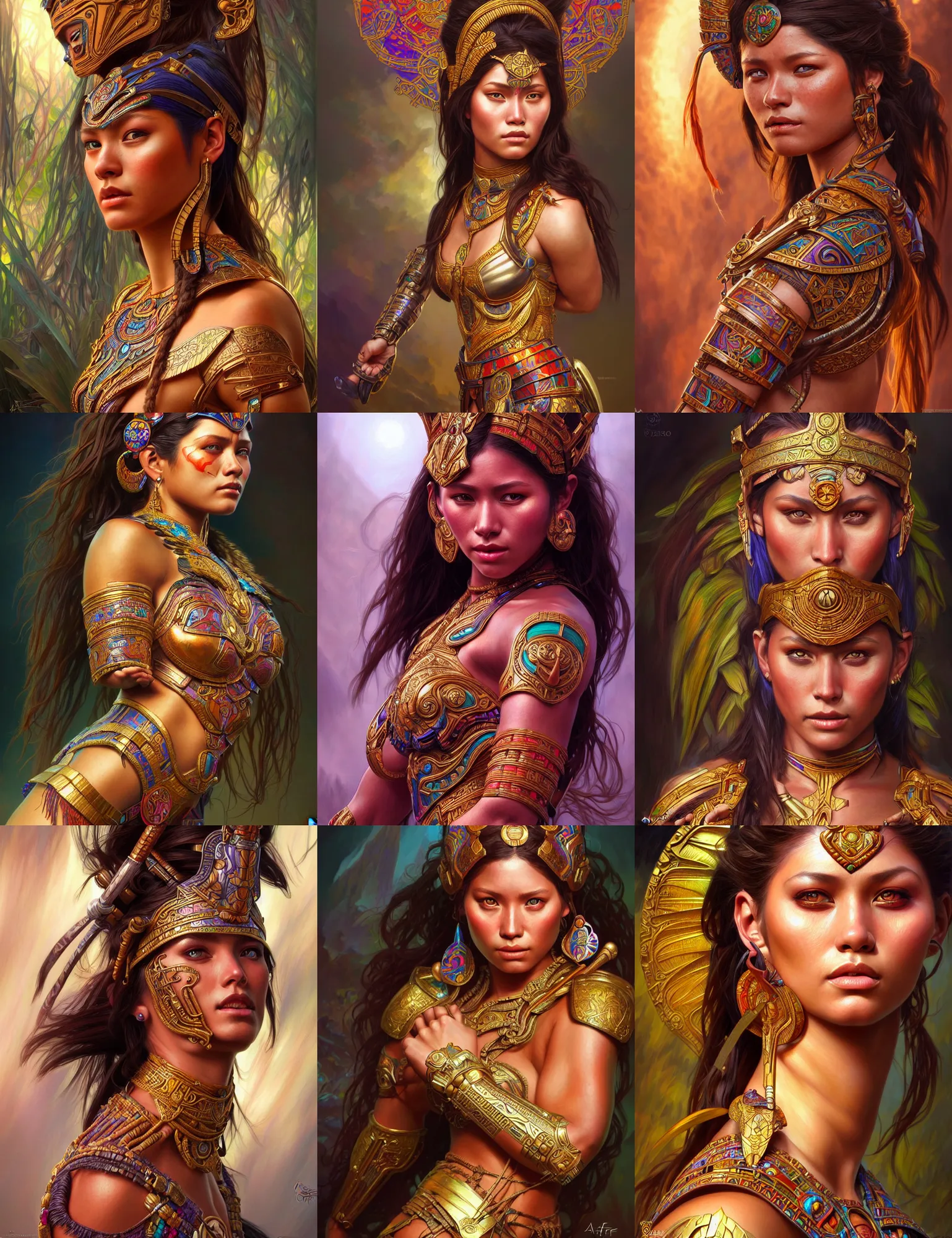 Prompt: ultra realistic illustration, beautiful female mayan warrior, intricate, highly detailed, digital painting, fantasy, artstation, cgnode, concept art, smooth, sharp focus, dramatic lighting, colorful, art by artgerm and roberto ferris and alphonse mucha