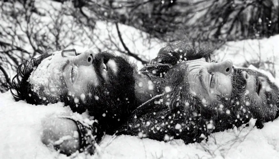 Image similar to 1 9 6 0 s movie still close up of marcus aurelius ill tired frozen to death under the snow by the side of a river with gravel, pine forests, cinestill 8 0 0 t 3 5 mm, high quality, heavy grain, high detail, texture, dramatic light, anamorphic, hyperrealistic, detailed hair, burning sun