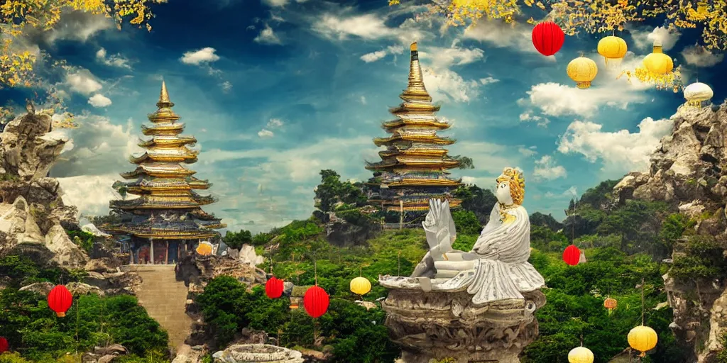 Image similar to wind god enjoying the view from his stone heavenly palace, decorated with windchimes and paper lanterns, nature, clouds and pagodas in background, digital art