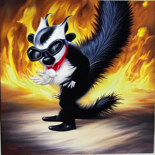 Image similar to skunk with shades walking from an explosion, front view, professional oil painting, highly detailed