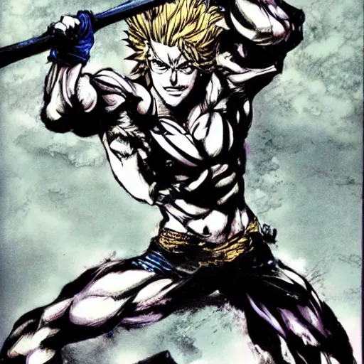Dio Brando stands atop a rock and strikes a pose,, Stable Diffusion
