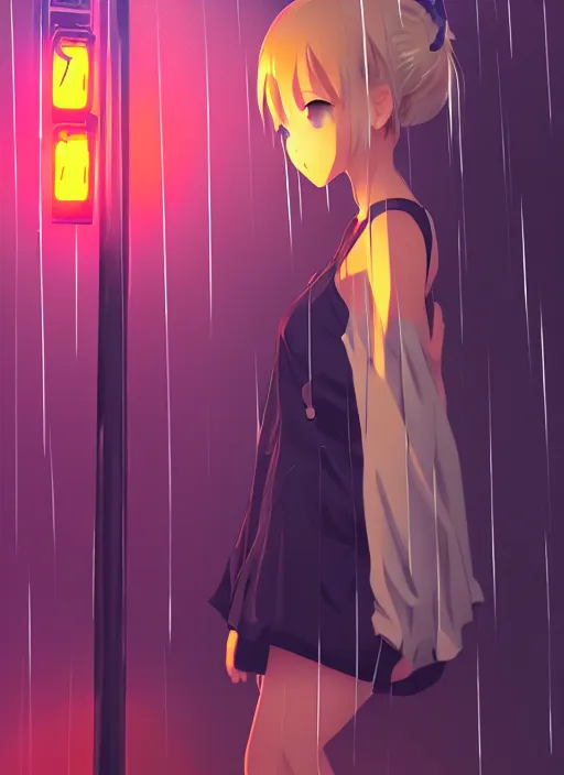 Image similar to listening to music at 2 am, night, pretty girl, pose, rain, lofi, lofi, peaceful, street light, anime key visual, poster, street wears, anime, by wlop, high quality, 4 k, trending, trending on artstation