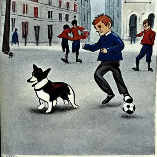 Image similar to book illustration of a french boy on the streets of paris playing football against a corgi, the dog is wearing a polka dot scarf, 1 9 6 6