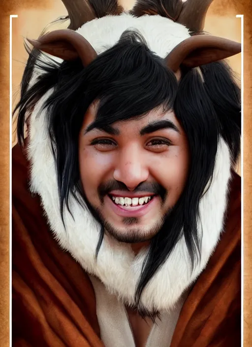 Image similar to a black haired young tauren with stubble, short hair, wearing brown robes, smiling, close up, portrait style, wisdom, photographic print, artgerm, hyper - realistic