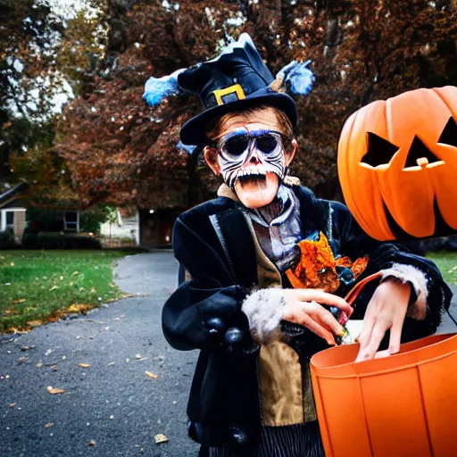 Prompt: willem dafoe trick or treating on halloween, ( sony a 7 r iv, symmetric balance, polarizing filter, photolab, lightroom, 4 k, dolby vision, photography awardm, voque, perfect face )