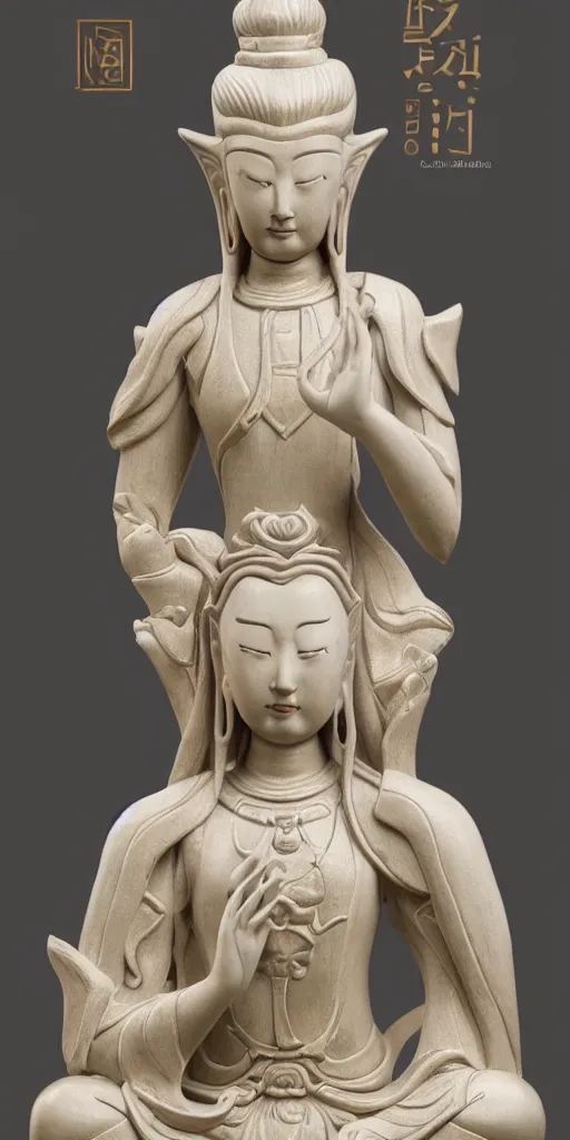 Prompt: a multi armed quan yin sculpture, standing in meditation holding a comically large lotus flower, digital art, artstation, concept art, beautiful porcelain statue,