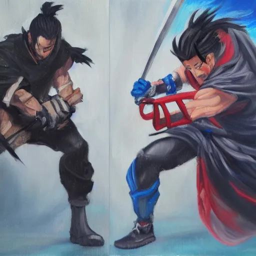 Image similar to yasuo vs yone, oil paint