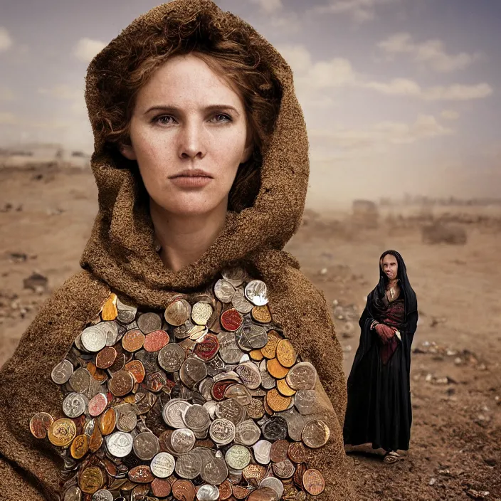 Image similar to portrait of a woman wearing a cloak made of coins and flowers, standing in an apocalyptic wasteland, burnt city, by Annie Leibovitz and Steve McCurry, natural light, detailed face, CANON Eos C300, ƒ1.8, 35mm, 8K, medium-format print