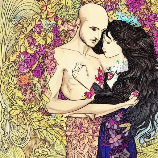 Prompt: a couple in love. she has dark wavy hair. he is bald. in the style of art nouveau. alphonse mocha. colorful floral. hyper detailed. intricate. beautiful.