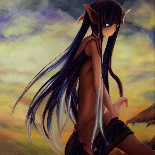 Image similar to oil painting of a long hair anime ELF dancing in the moonlight l Trending on Pixiv