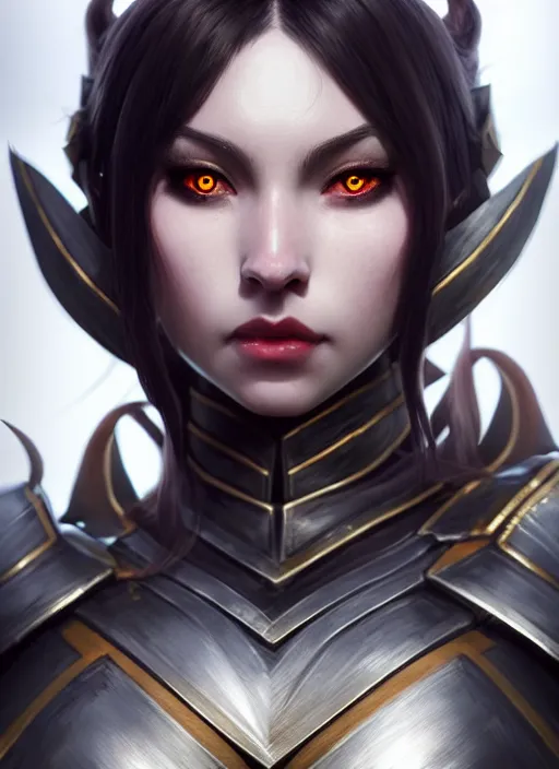 Image similar to full plate armor!!! beautiful and elegant dark hair female orc!! gorgeous ayes!! character concept art, sharp focus, octane render! unreal engine 5! highly rendered!! trending on artstation!! detailed linework!! illustration by artgerm, wlop, and chie yoshii