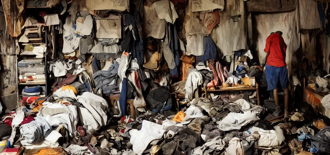 Image similar to a teenage boy at his back entering in a hoarder's room, dark atmosphere