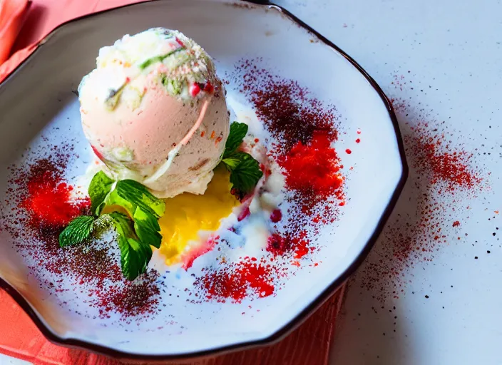 Prompt: dslr food photograph of ice cream sundae topped with salmon roe and wasabi drizzle, 8 5 mm f 1. 8