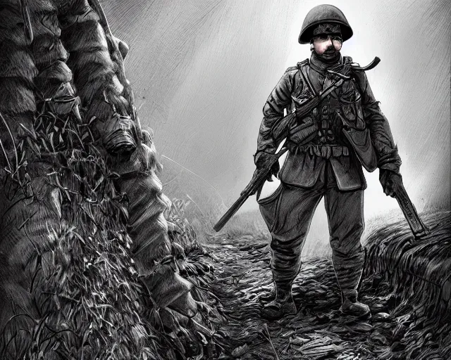 Prompt: A soldier cat in a world war 1 trench, close-up, black and white, amazing digital art, hyper detailed, artstation, in the style of Tony Sart