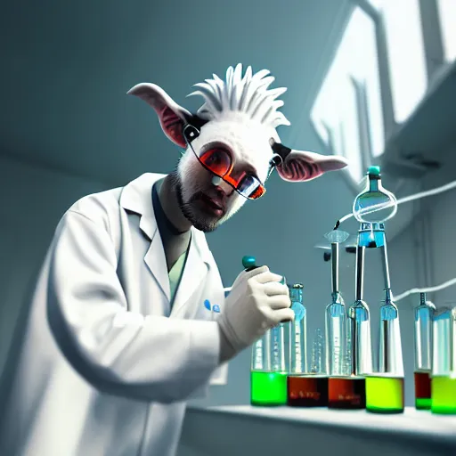 Prompt: a mad scientist goat in lab coats mixing acids in a lab, close - up shot, digital art, trending on artstation and unreal engine, deviantart, smooth, hyper detailed, matte painting, award - winning, hd, 4 k