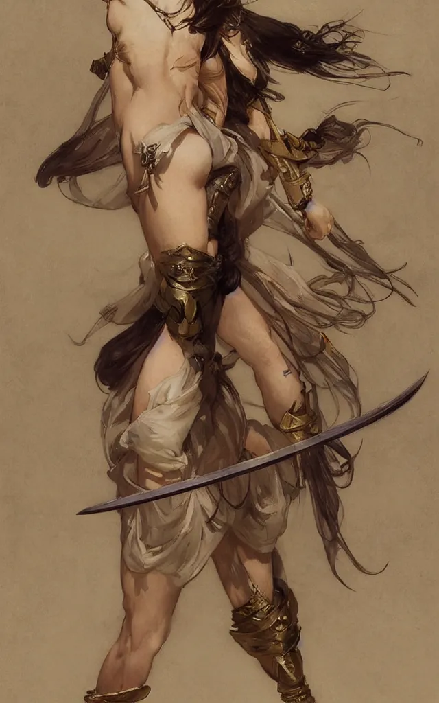 Prompt: modern elegant female ninja, with large sword, feminine, powerful, beautiful, upper body, muscular arms and abdominals, wide leg hakama trousers, highly detailed, by gaston bussiere, mucha, gerome, craig mullins, greg rutkowski, john singer sargent