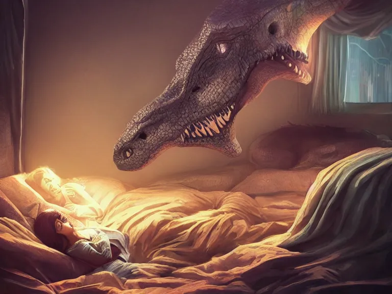 Image similar to sleeping!!!!! dinosaur laying on bed!!!!!, ultra realistic, lens flare, atmosphere, glow, detailed, intricate, full of colour, cinematic lighting, trending on artstation, 4 k, hyperrealistic, focused, extreme details, unreal engine 5, cinematic, masterpiece