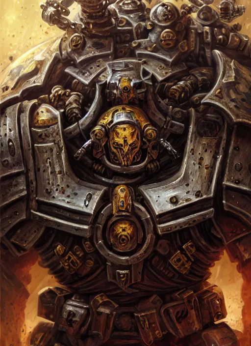 Image similar to portrait of a chaos space marine, intricate, warhammer, warhammer 4 0 k, highly detailed, digital painting, concept art, sharp focus, illustration, art by john blanche, by pedro nunez, by jaime martinez, by nacho molina