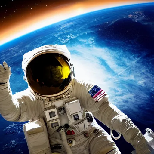 Image similar to astronaut in space, galactic background reflections on suit on one side and a yellow planet on the other side